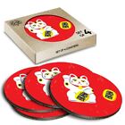 4 x Boxed Round Coasters - Waving Lucky Cat Chinese China Japan  #8728