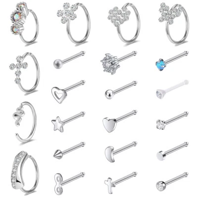 23Pcs/комплект 20G нос кольцо обруч из нержавеющей стали CZ опал ноздри пирсинг ювелирных изделий - Изображение 1 из 4