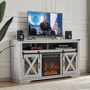 58" Fireplace TV Stand for TVs up to 70", White Oak Entertainment Center - Picture 1 of 12