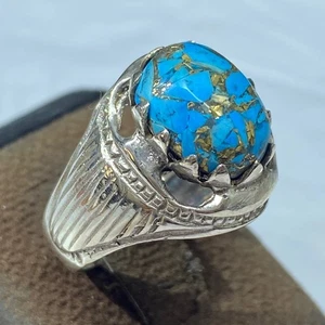 vintage Natural Pressed Blue Turquoise 925 Sterling Silver Men's Ring Gemstone - Picture 1 of 9