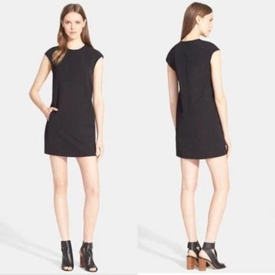 Vince Leather Piped Crepe Shift Mini Tunic Dress Womens Medium Charcoal Black  - Image 1 of 4