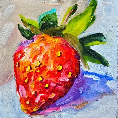 Erdbeere Ölmalerei 12x12 cm Handgemaltes Ölgemälde auf Leinwandgewebe - Bild 1 von 4