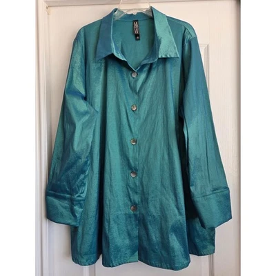 Blusa túnica top MARLA WYNNE verde azulado irridiscente manga larga botón delantero talla 3X Foto 1 de 4