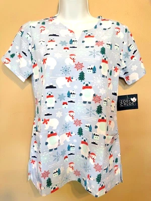 Zoe & Chloe Beary Merry Christmas Women's Notch Neck Print Scrub Top - Image 1 of 4