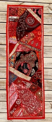 Vtg Handmade embroidered Patchwork Bead Indian Kundan Tapestry Table Runner 58” - Image 1 of 4