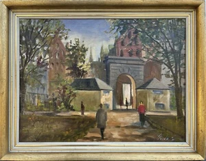 Impressionist People IN City Park Archway Church Houses Trees Oil Painting - Picture 1 of 13