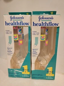 Vintage 2 Johnson's HealthFlow Angled 8 oz Baby Bottles stage 1, blocks design - Picture 1 of 10