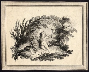Antique Master Print-CHERUB-FLAMING TORCH-SHIELF-HEART-ca. 1740 - Picture 1 of 1