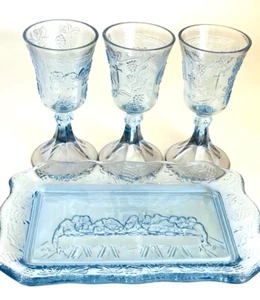 Blue Last Supper Wine Glasses & Platter Indiana Glass - Picture 1 of 9