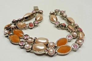 A30) Vintage Pink and Apricot Color Bracelet 2 Strands with Snap Clasp - Picture 1 of 2