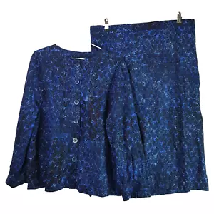 Vintage Floral Skirt & Top Set Womens 16 Blue Black Long Sleeve Midi Stretch - Picture 1 of 8