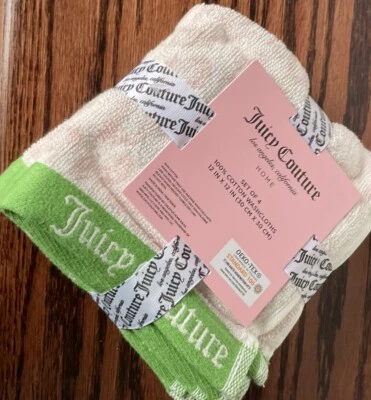 JUICY COUTURE HOME Bath Wash Cloths Set Of 4 100% Cotton 12x12 Pink/Green New - Image 1 of 4