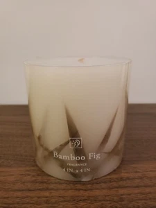 Bamboo Fig Scented Pillar Candle 4 x 4" Leaves Embedded New - Picture 1 of 8