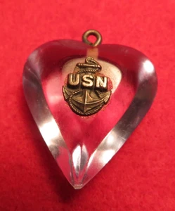 Vintage USN U S Navy Acrylic/Glass Light Blue Heart Pendant - Picture 1 of 9
