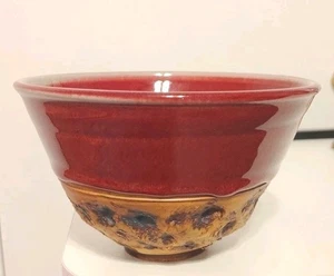 Signed Pottery Bowl Unique Rich Orange Red Bowl w Artistic Indentions At Base - Picture 1 of 11