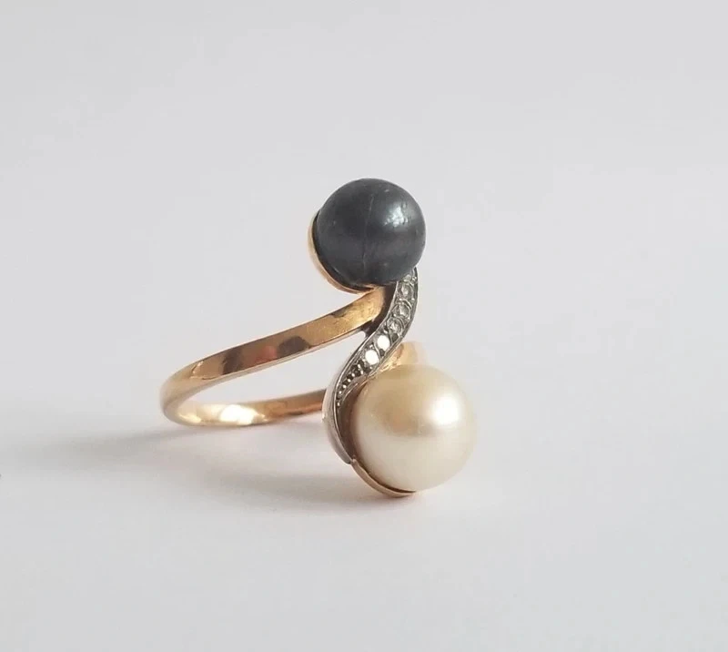 Bague ancienne or jaune 18k - Perles de culture diamants anciens - t 57 - 6.9 gr - Photo 1/4