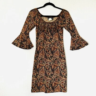 Vintage 90s Y2K City Triangles Ruched Dress Size Small Abstract Goth Bell Sleeve - Image 1 of 4