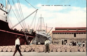 Postcard Docks At Brunswick Georgia Linen Unposted - Bild 1 von 2