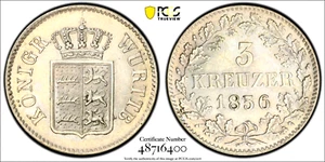 1856 German States Wurttemberg 3 Kreuzer, PCGS MS 64, KM-591, Germany - Picture 1 of 2