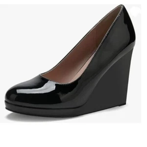 Miss left Black Rounded Toe High Heel Pumps Slip On Wedges Heeled Shoe for Daily - Picture 1 of 8