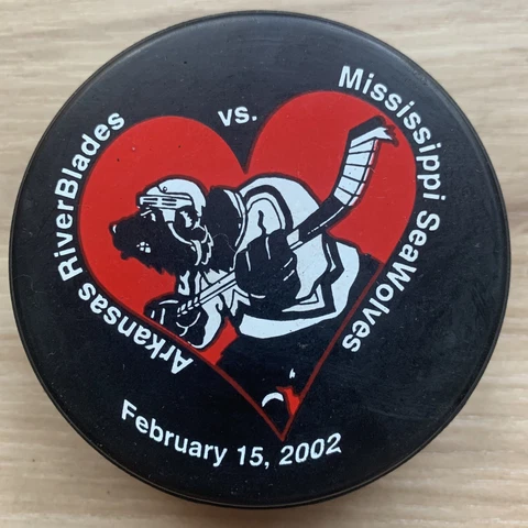 ARKANSAS RIVERBLADES vs MISSISSIPPI SEAWOLVES ECHL HOCKEY PUCK 2002 Valentines Cover
