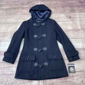 Vintage SCHOTT Navy Blue Trench Coat Wool Duffle - Hooded Size S NEW - Picture 1 of 11