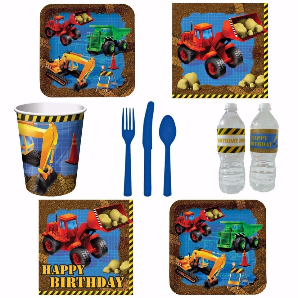 Creative Converting UNDER CONSTRUCTION Plate Napkin Cup Cutlery Tableware for 8 - Image 1 of 1