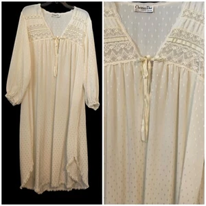 Camicia da notte vintage anni 80 Christian Dior grande avorio raso prateria fagiano pizzo cottage - Foto 1 di 8