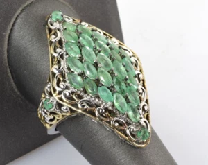 Large Emerald Cluster Ring in Sterling Silver with Gold Plated Accents Size 10 - Picture 1 of 3