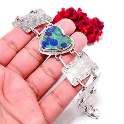 Сердце - медный азурит хризоколла 925 текстурированный серебряный браслет 8,99» B84322 - Изображение 1 из 4