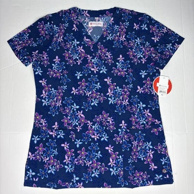 White Cross Women's XS Scrub Top New Tags Posy Picture 618PSP Purple Blue Poly - Image 1 of 4
