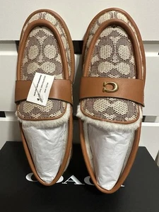 New COACH Women's Slipper Loafer FOREST Cocoa Jacquard SIG Amber Leather Size 6 - Picture 1 of 6