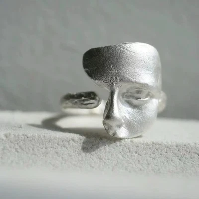Museum Mask Ring Silver Face Sz 6 7 Open Gothic Boho Punk Portrait Mystical Art - Image 1 of 4