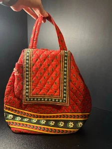 Vintage Red Quilted Cotton Backpack Purse Folk Floral Drawstring Tote Bag 13" - Picture 1 of 9