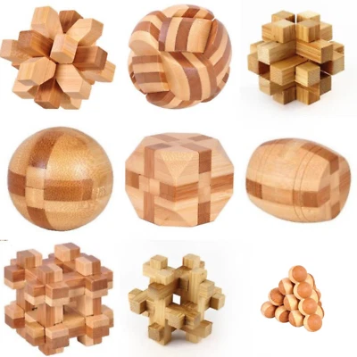 Interlocking Puzzles - Set of 9 Bamboo Brain Teasers - Image 1 of 4