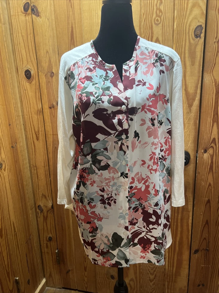 Túnica Van Heusen marfim macio vibrante floral flor tamanho GG manga 3/4 em excelente estado usado - Imagem 1 de 4