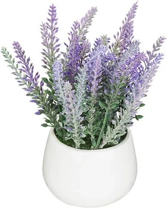 Purple Lavender Flowers in White Round Ceramic Pot, Tabletop Fake Plants Decor - Picture 1 of 6