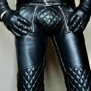 Pantalones de mezclilla de cuero real punk kink para hombre con doble cremallera BLUF pantalones negros - Imagen 1 de 5