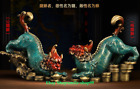 9"China Bronze Ware Gold Fengshui Dragon Beast Animal Pixiu Kilin Statue Pair