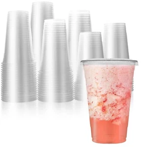 100 PACK 16 oz Disposable Clear Plastic Cups with Flat Lids Cold Coffee Cups - Picture 1 of 10