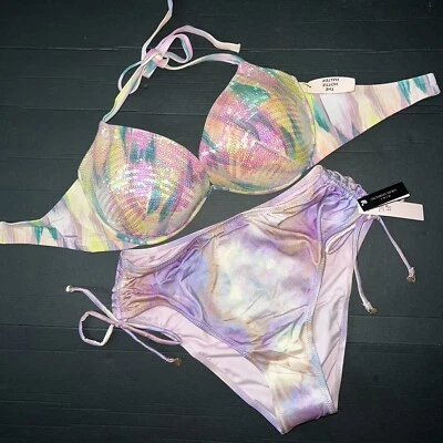 Victoria's Secret 34DD BIKINI M high-waist bottom Purple Lilac Pink Teal SEQUIN - Image 1 of 4