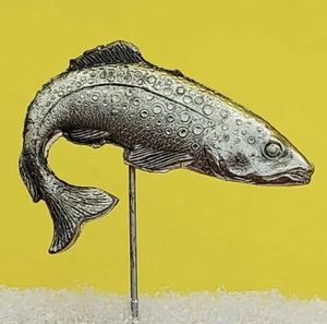 Fish vintage badge, pin, lapel, metal silver tone badge Trout Fishing Fisherman - Picture 1 of 2