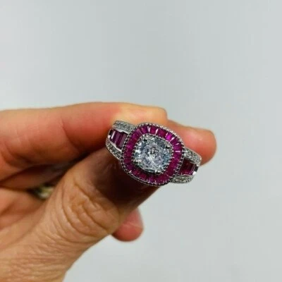 Silver Ring Size 8 Square Big Pink Gemstone Jewel Rhinestone Solitaire Cocktail - Image 1 of 4