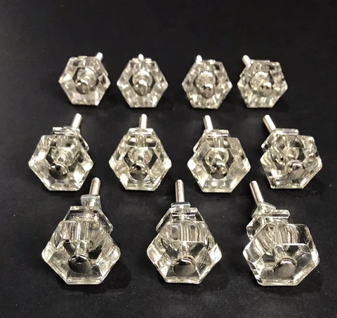 11 Vintage Clear Glass Cabinet/Draw  Hexagon Knobs~Silver Tone Replacement Bolts Cover