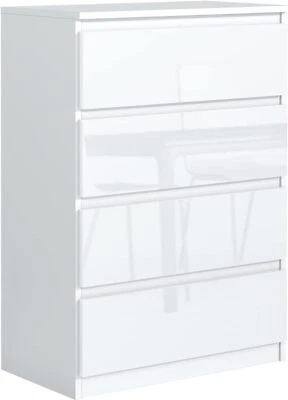 Commode Blanche Haute Brillance avec 4 tiroirs 70 cm Meuble Chambre Adulte - Photo 1/4