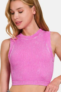 B Mirza collections Zenana Washed Ribbed Seamless Crop Tank with Bra Pad - Picture 1 of 4