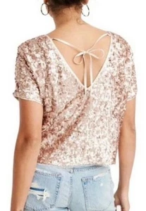 Top paillettes Abercrombie & Fitch oro rosa manica corta cravatta schiena glam festa M nuovo con etichette - Foto 1 di 14