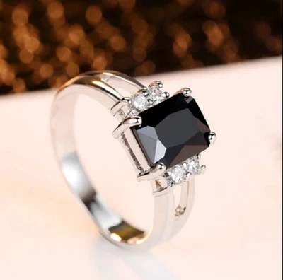 14k White Gold Finish 2t Round Simulated Black Diamond Solitaire Engagement Ring - Image 1 of 3