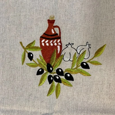 Embroidered Linen Tablecloth Greek Mediterranean Olive Amphora 68x47 Gift EUC - Image 1 of 4