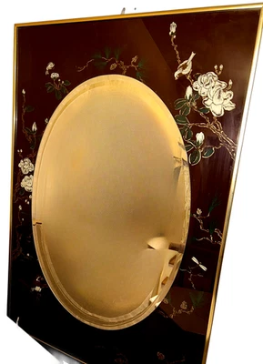 Espejo Chinoiserie Grande Pintado a Mano con Diseño de Pájaro Floral Rojo - 38"x24" Foto 1 de 4